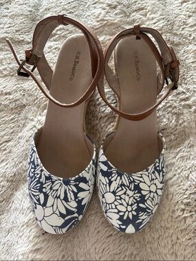 G.H. Bass & Co. Navy and White Floral Espadrille Wedges with Tan Ankle Straps